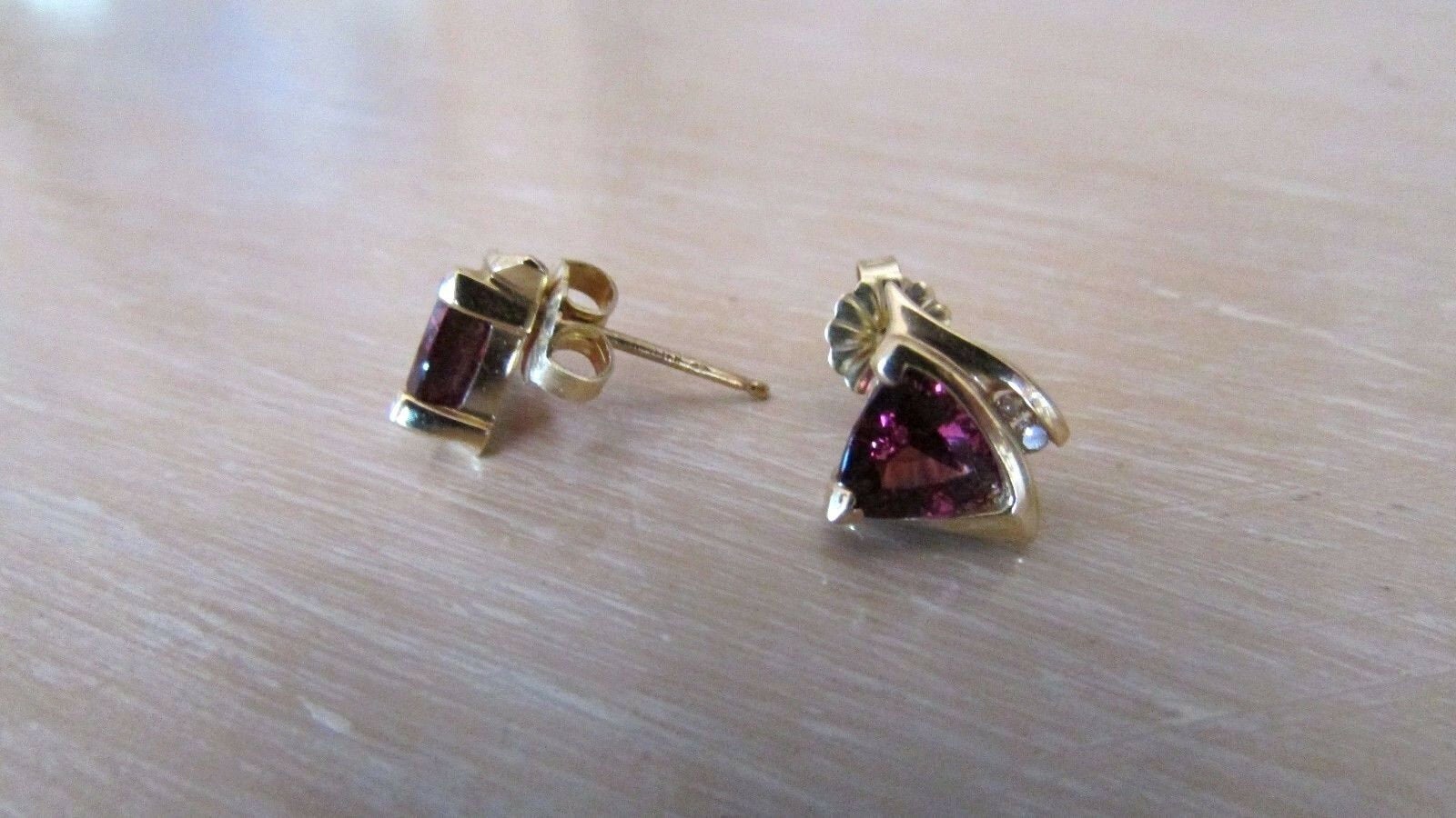 14K Pretty Yellow Gold Garnet Trillion Cut Garnet Earrings With Diamonds