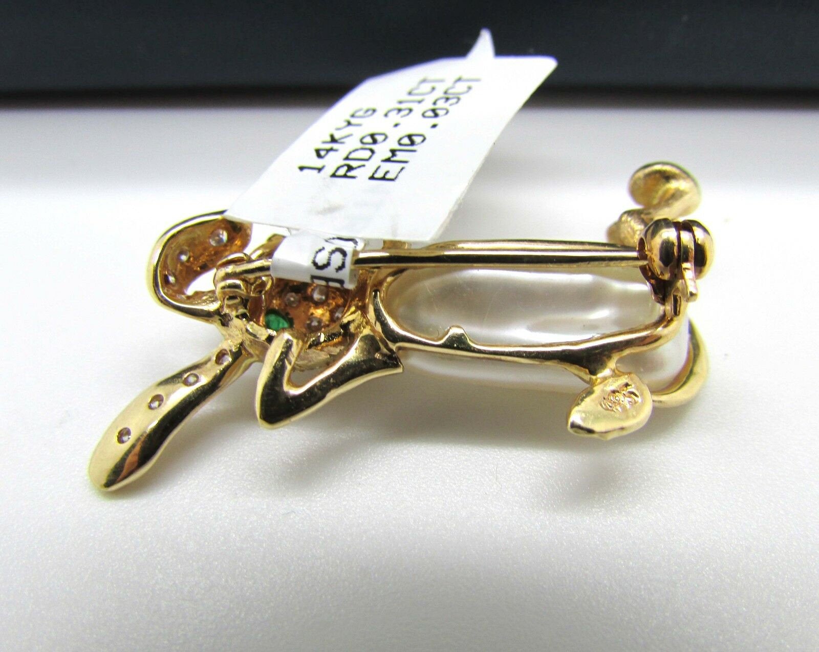 14K Yellow Gold Fresh Water Pearl Pendant/Brooch Bunny With Diamonds 0.31 Cts