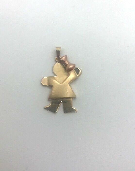 14K Pretty Yellow Gold Little Girl Charm Pendant Pink Bow On The Head 3.8 Grams