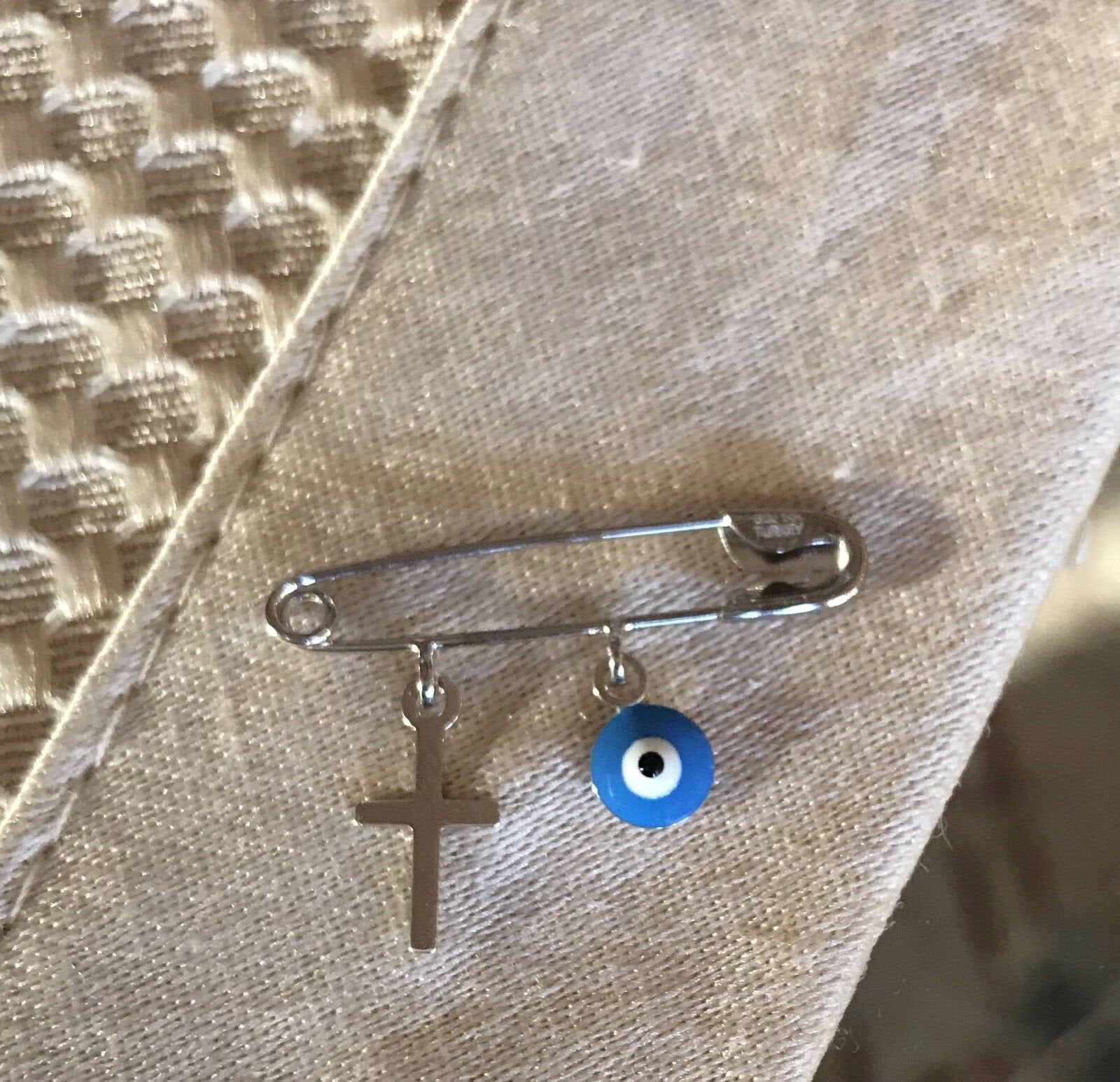 14K Pretty White Gold Blue Evil Eye Safety Pin With Cross