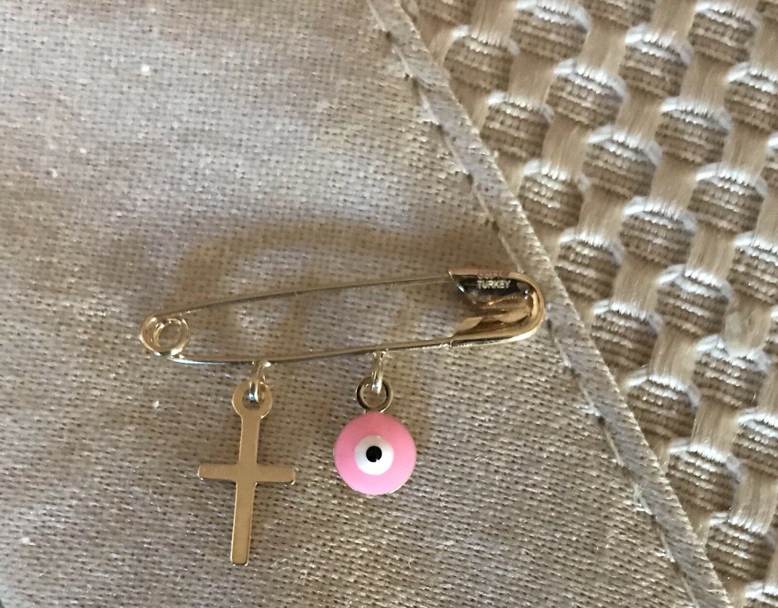 14K Pretty Yellow Gold Pink Evil Eye Safety Pin With Cross