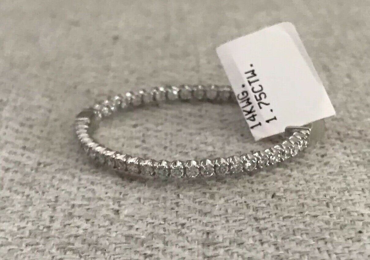 14K White Gold Polished Hoop Earrings With Round Diamonds Double Sided 1.75 Cts