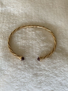 14K Pretty Yellow Gold Polished Twisted Cuff Bracelet With Amethyst Circle Ends