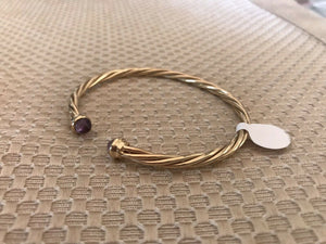 14K Pretty Yellow Gold Polished Twisted Cuff Bracelet With Amethyst Circle Ends