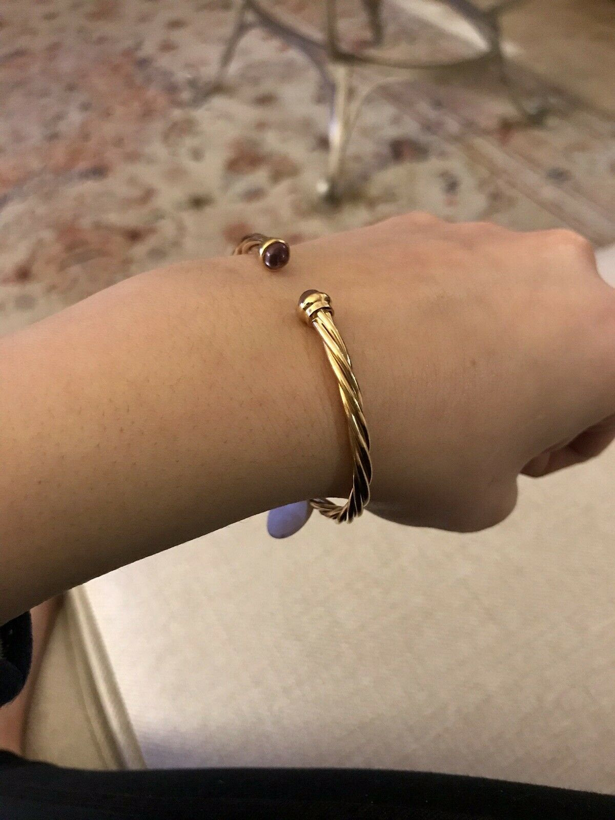 14K Pretty Yellow Gold Polished Twisted Cuff Bracelet With Amethyst Circle Ends