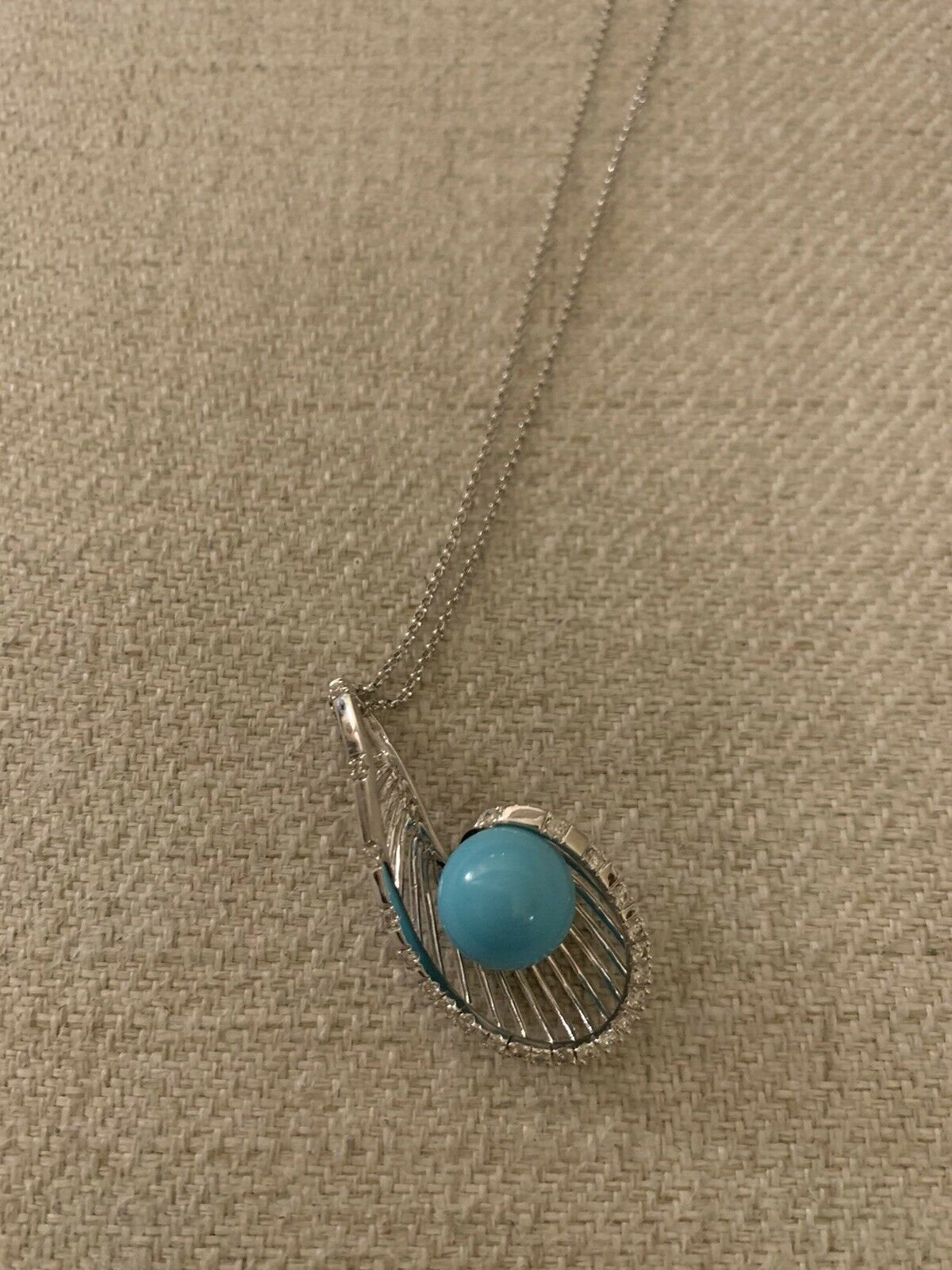 14K Pretty White Gold Round Turquoise Pendant 7.2 Cts W/Round Diamonds 0.46 Cts