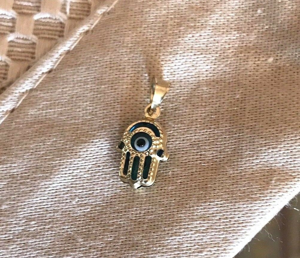 14K Pretty Yellow Gold Blue Evil Eye Hamsa Hand Pendant