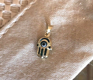 14K Pretty Yellow Gold Blue Evil Eye Hamsa Hand Pendant