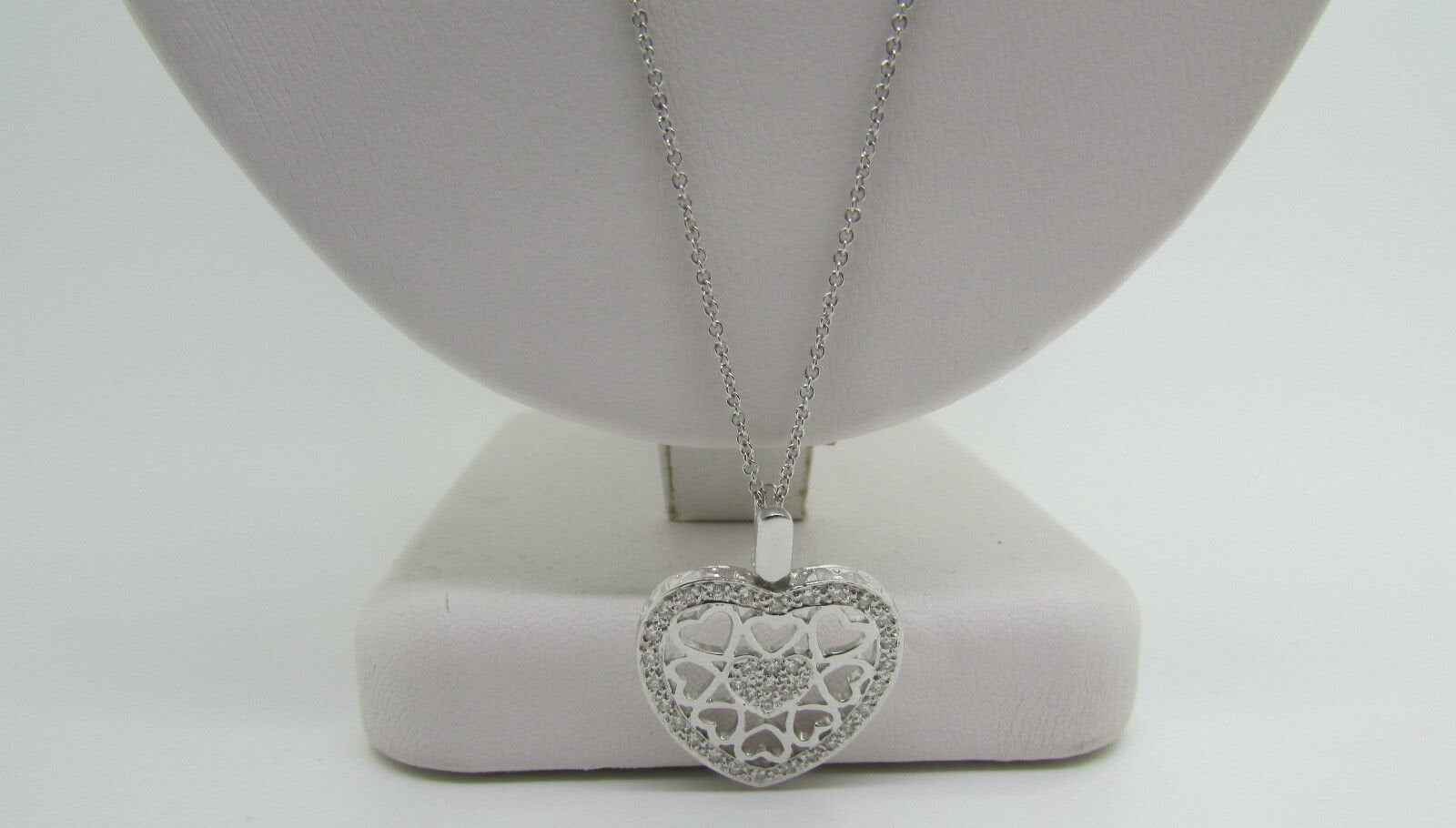 18K Pretty White Gold Heart Within A Heart Pendant and Round Diamonds 0.42 Cts