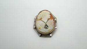 14K White Gold Pendant/Brooch, Cameo Antique Piece 0.15 Cts Beautiful Piece