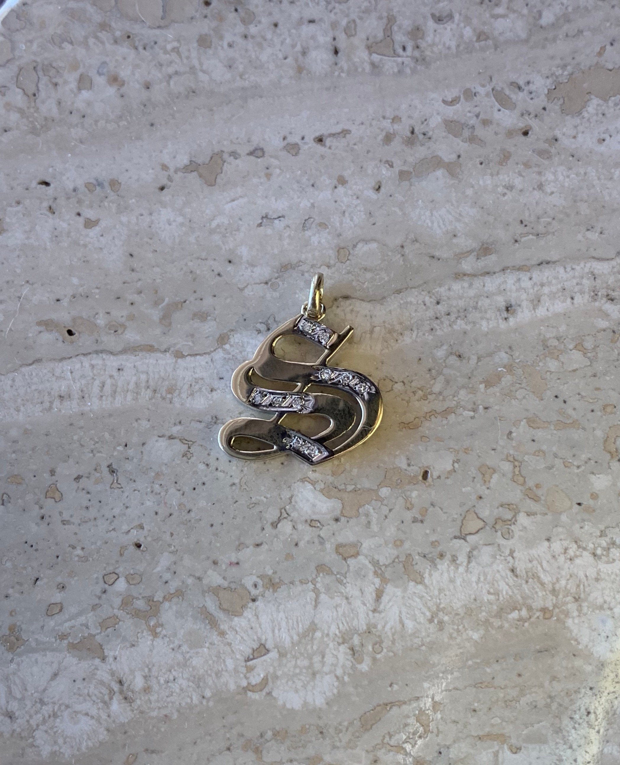 14K Yellow Gold Old English Gothic Style Initial Large “S” Snake style Pendant With 0.20 Cts Diamonds On Sale!