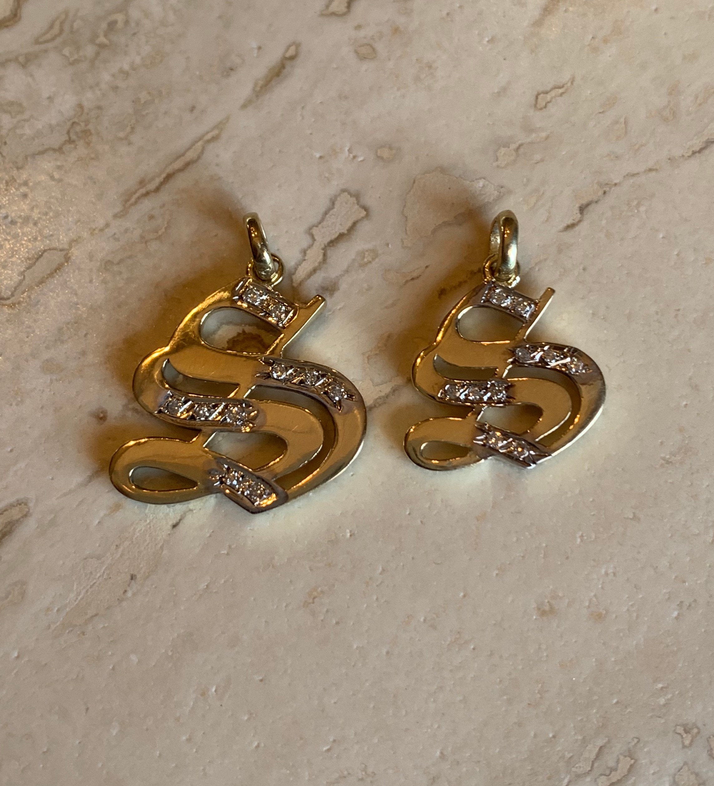 14K Yellow Gold Old English Gothic Style Initial Large “S” Snake style Pendant With 0.20 Cts Diamonds On Sale!