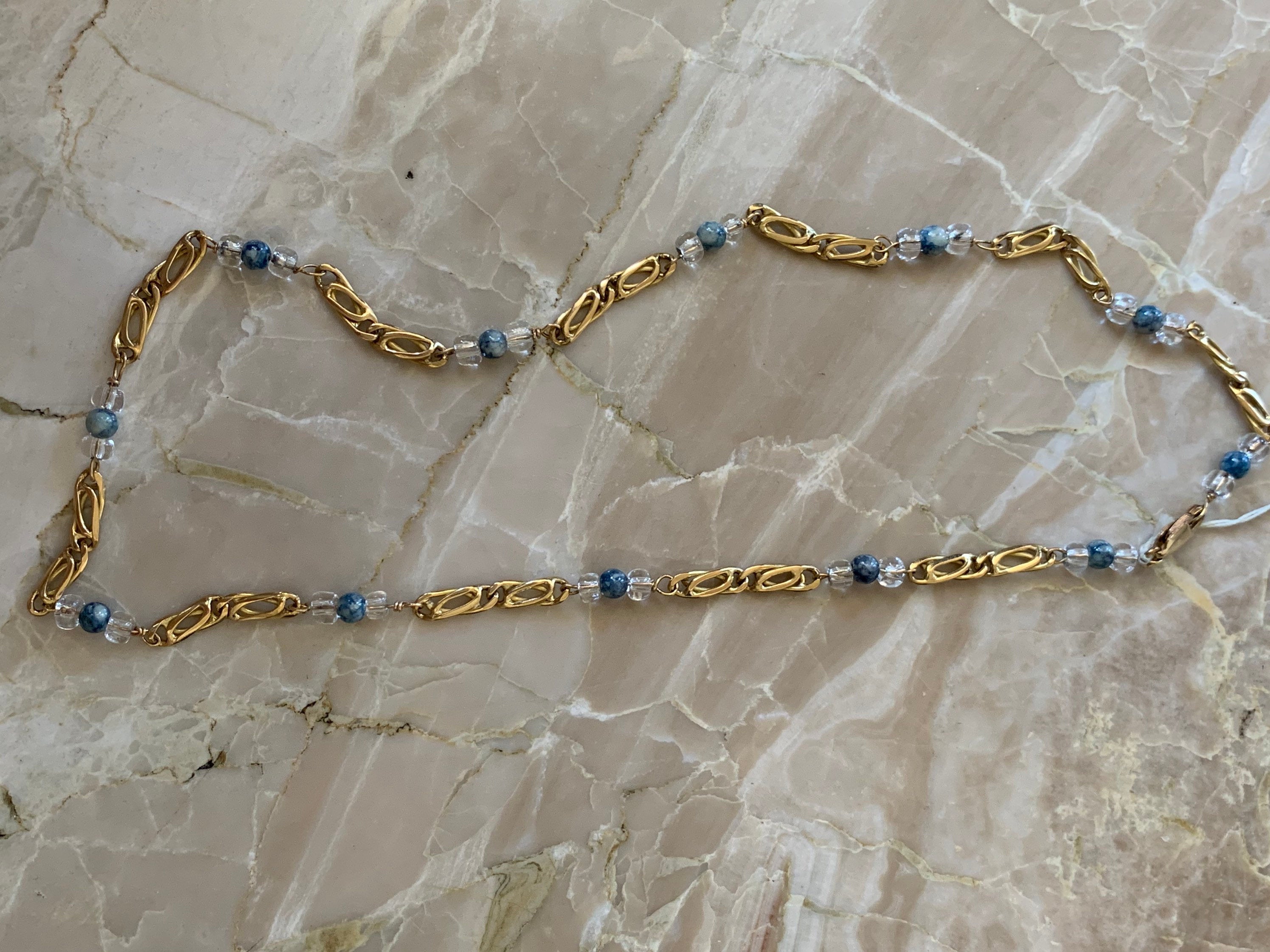 14K Yellow Gold Pretty Link Necklace With Clear And Turquoise Beads 13.2 Grams