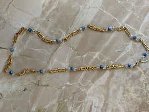 14K Yellow Gold Pretty Link Necklace With Clear And Turquoise Beads 13.2 Grams