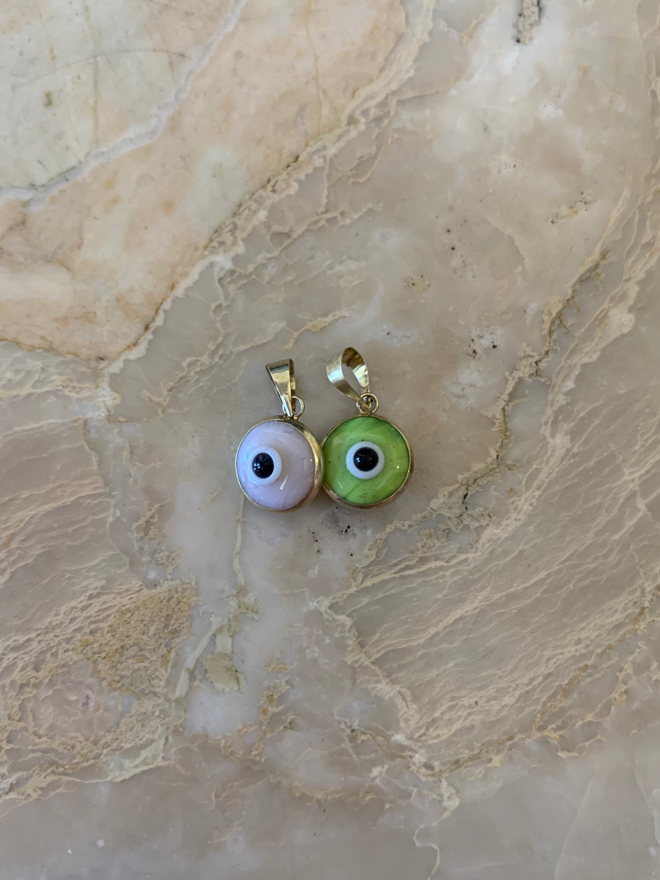 14K Pretty Yellow Gold Green Circle Evil Eye Pendant