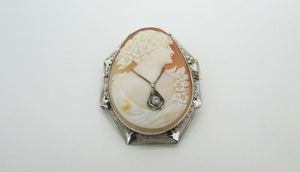 14K White Gold Pendant/Brooch, Cameo Antique Piece 0.15 Cts Beautiful Piece