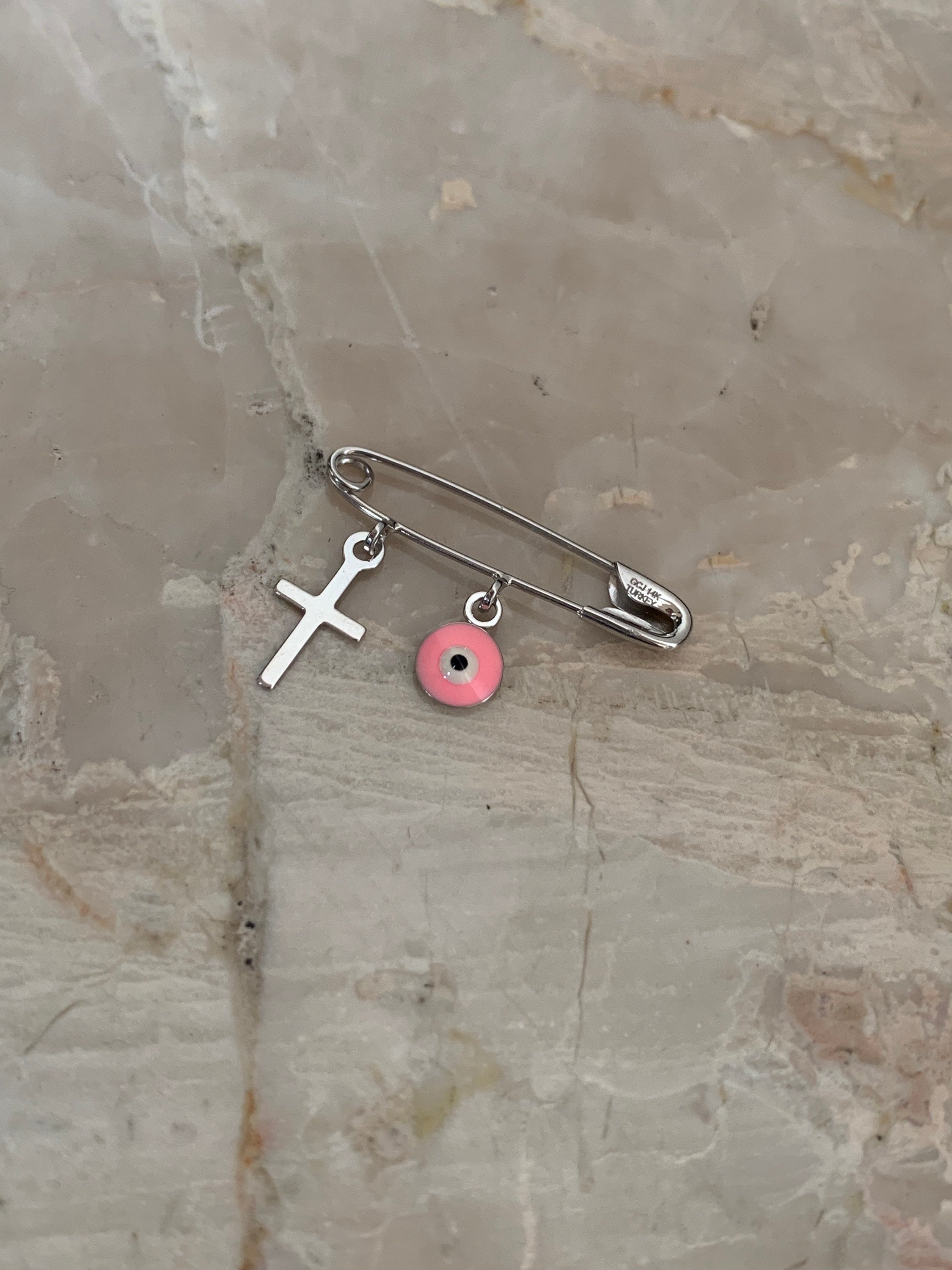 14K Pretty White Gold Pink Evil Eye Safety Pin With Cross