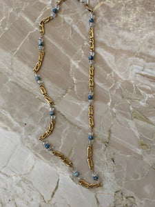 14K Yellow Gold Pretty Link Necklace With Clear And Turquoise Beads 13.2 Grams