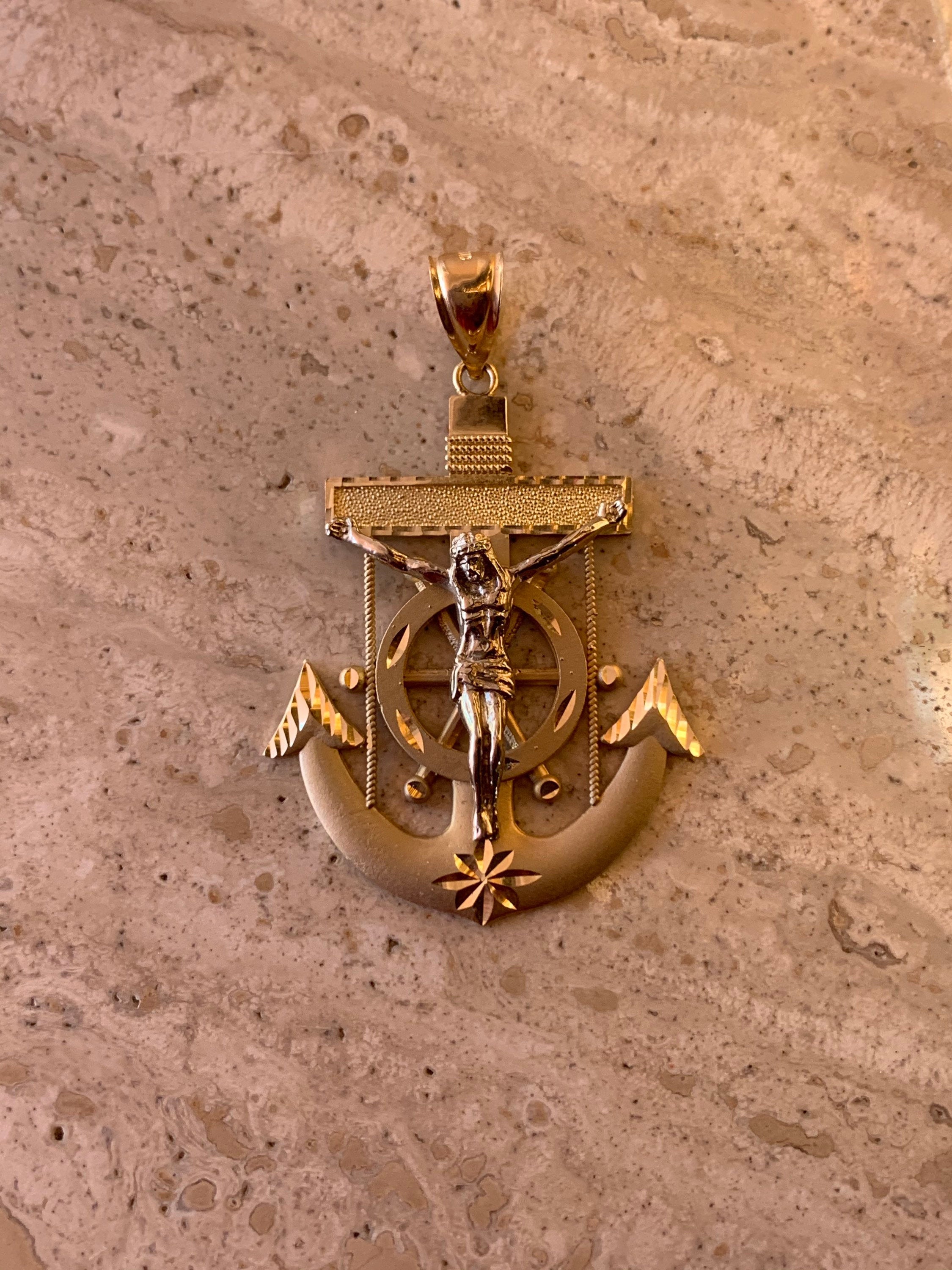 14K Pretty Yellow Gold Jesus Crucifix Cross On An Anchor Design 8.1 Grams