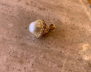 14K Yellow Gold Round Pearl Pendant in a cone setting with round Diamonds Rubies and Sapphires