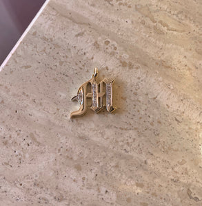 14K Yellow Gold Old English Gothic Large Initial M Pendant With 0.12 Cts Diamonds On Sale!