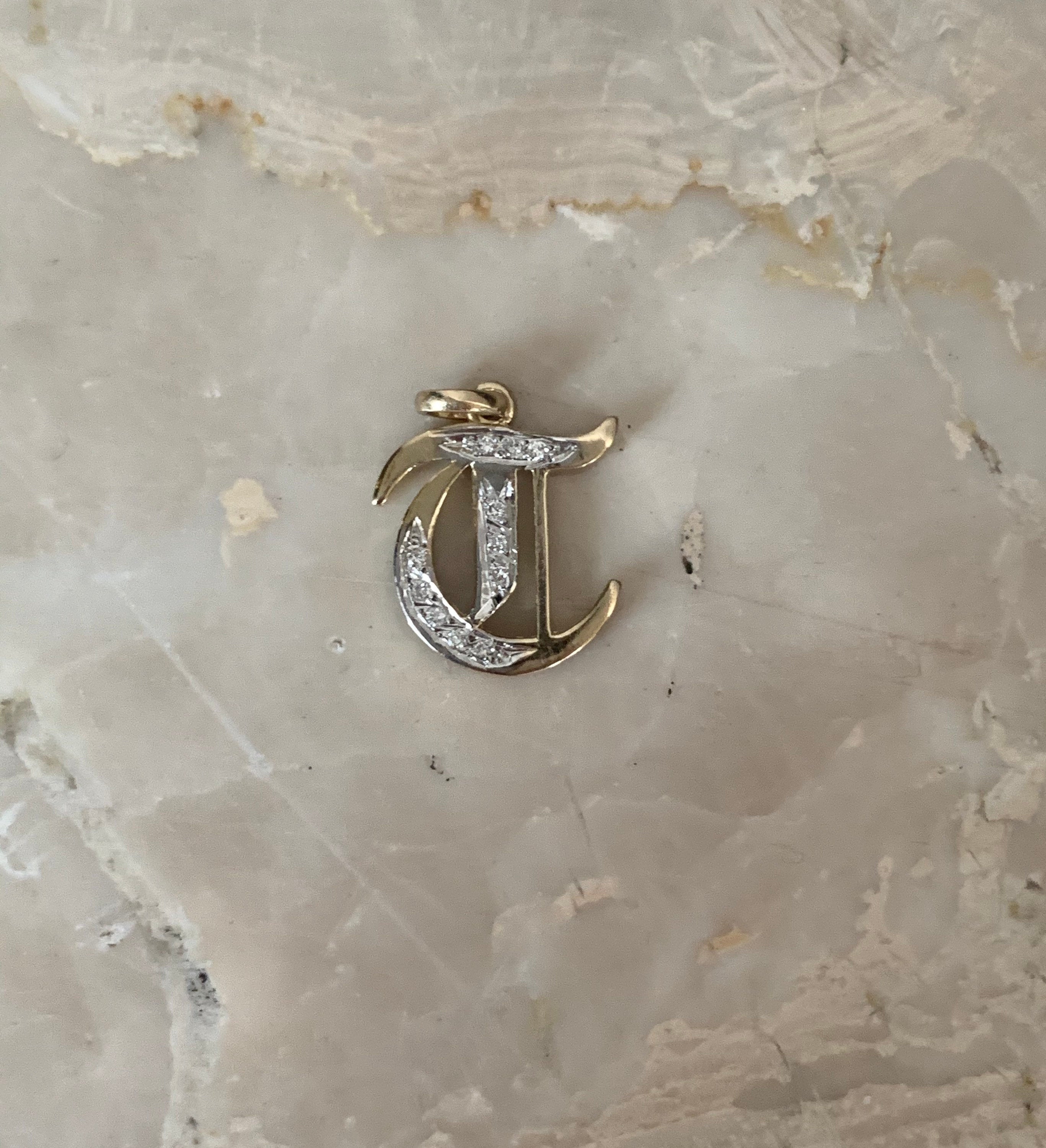 14K Yellow Gold Gothic Old English Small size Initial T Pendant With 0.15 Cts Diamonds On Sale!