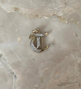 14K Yellow Gold Gothic Old English Small size Initial T Pendant With 0.15 Cts Diamonds On Sale!