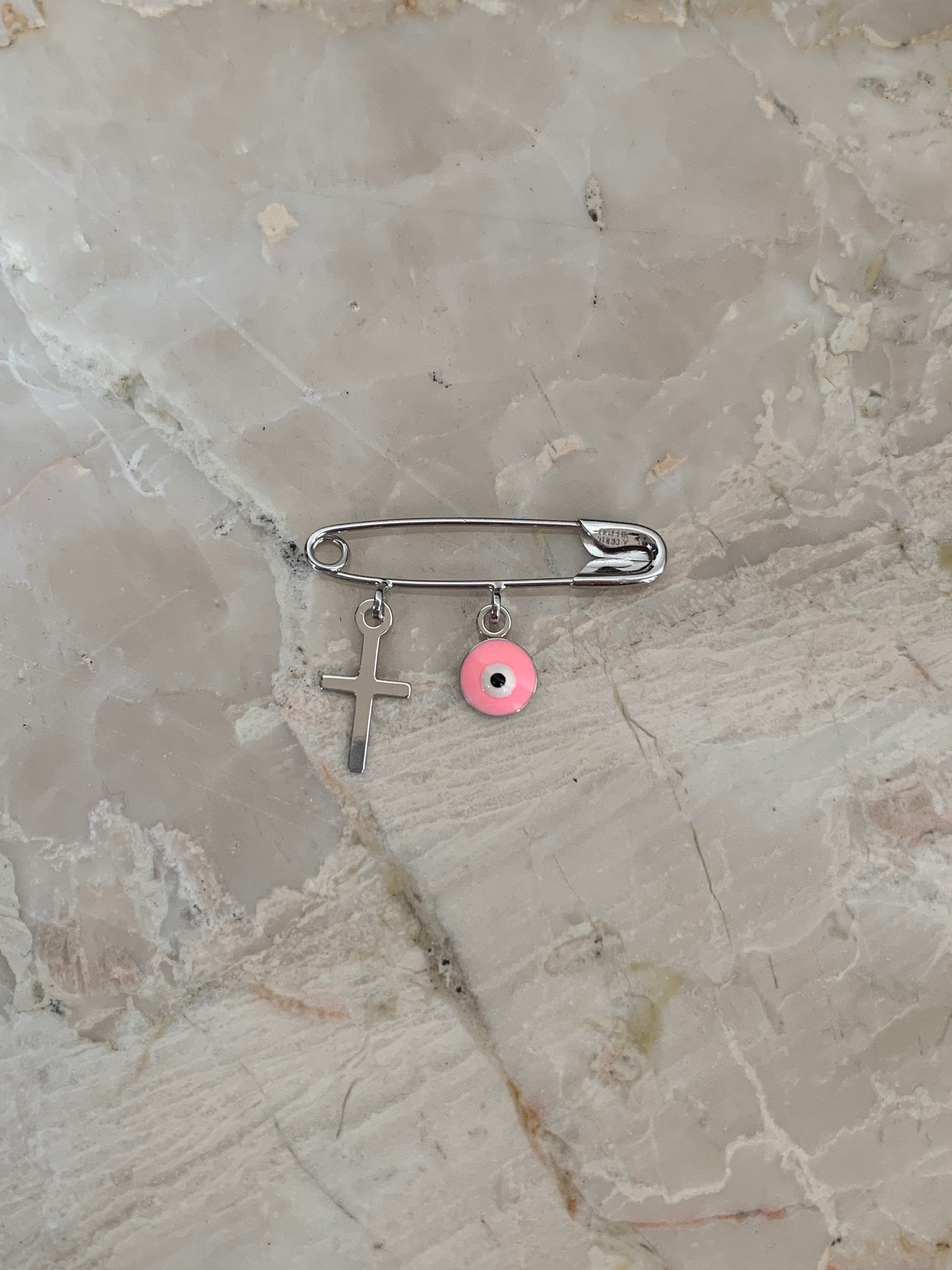 14K Pretty White Gold Pink Evil Eye Safety Pin With Cross
