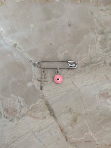 14K Pretty White Gold Pink Evil Eye Safety Pin With Cross