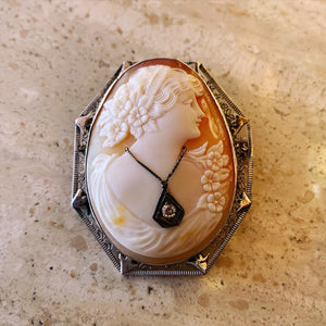 14K White Gold Pearl Cameo pendant/brooche with figure face antique find 1930-1940