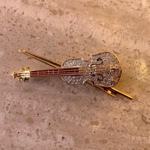 18K Yellow Gold Beautiful Violin Pendant with 1.90 cts round diamonds and 0.75 cts Ruby Gemstones