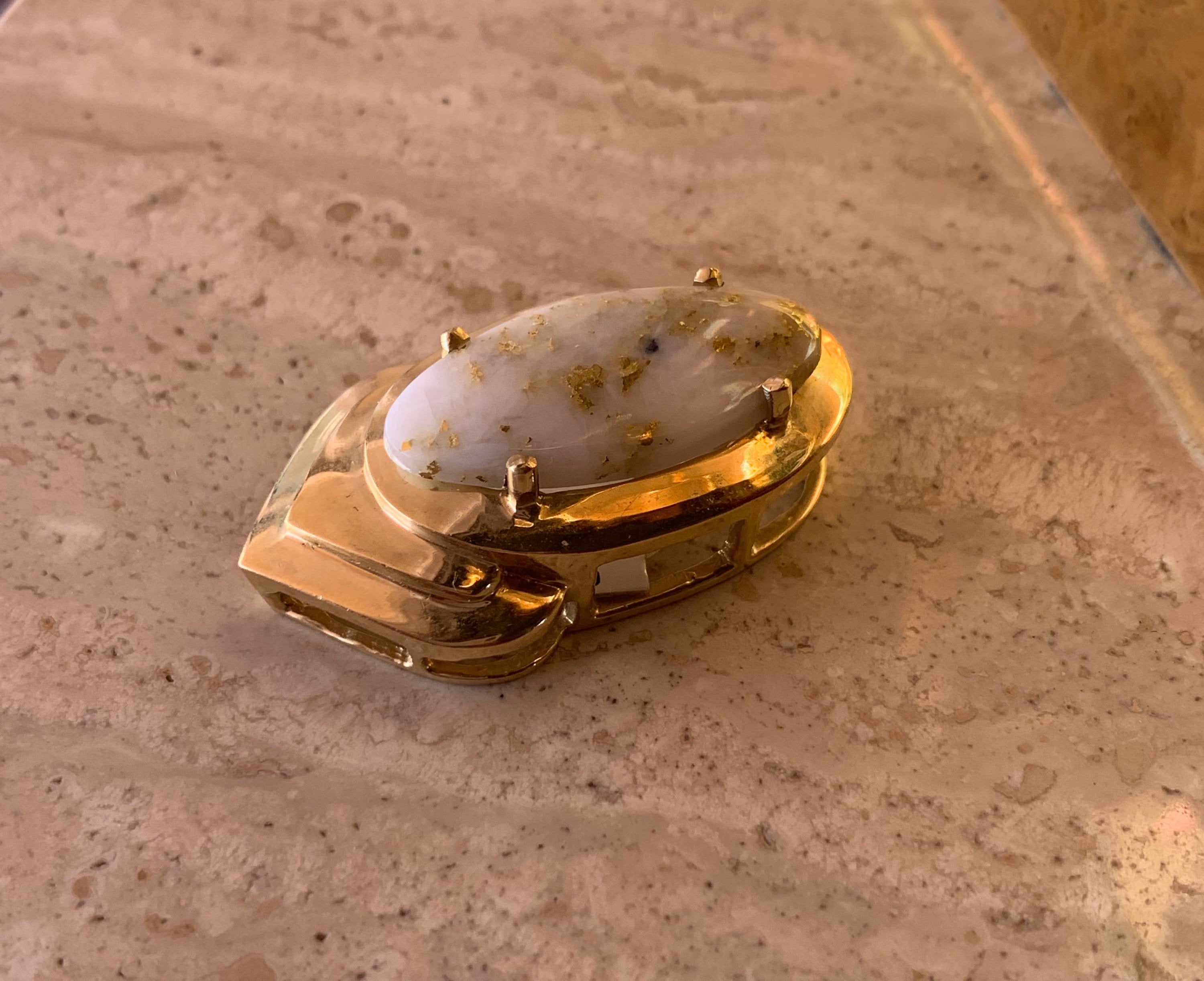 14K Pretty Yellow Gold Oval Shaped Opal Pendant With Thick Frame 25 Cts