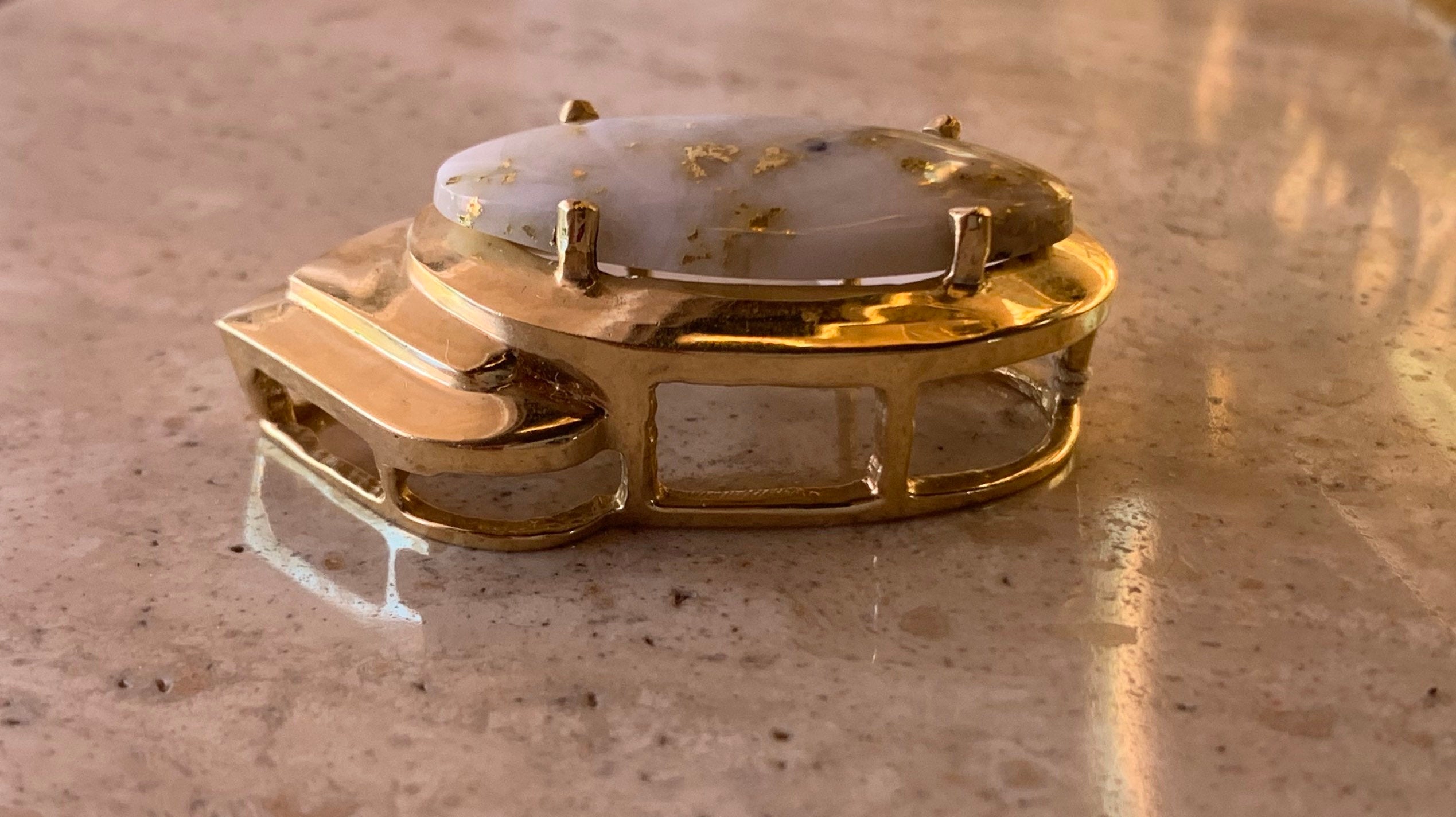 14K Pretty Yellow Gold Oval Shaped Opal Pendant With Thick Frame 25 Cts