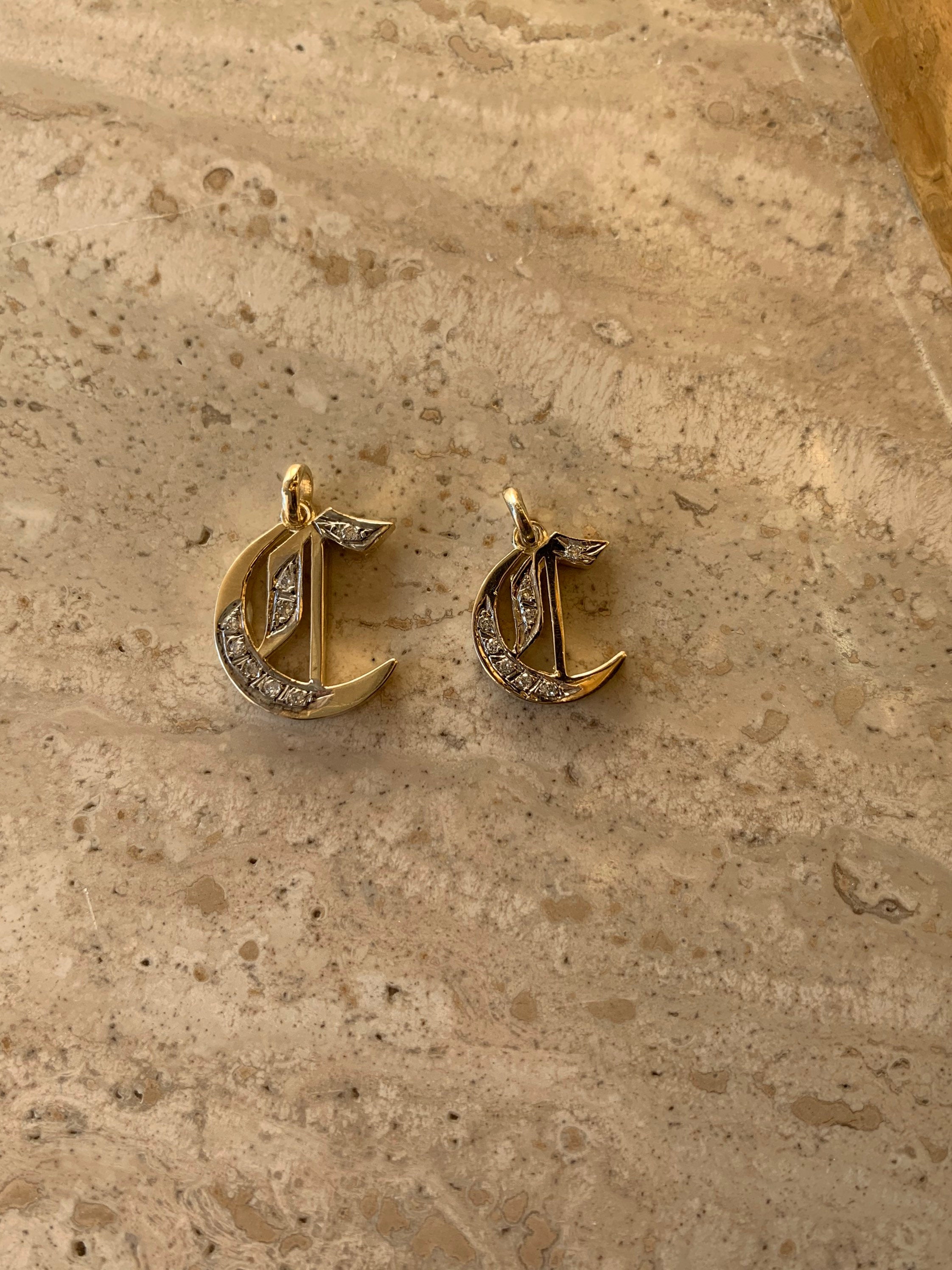 14K Yellow Gold Old English Gothic Small Initial C Pendant With 0.12 Cts Diamonds On Sale!